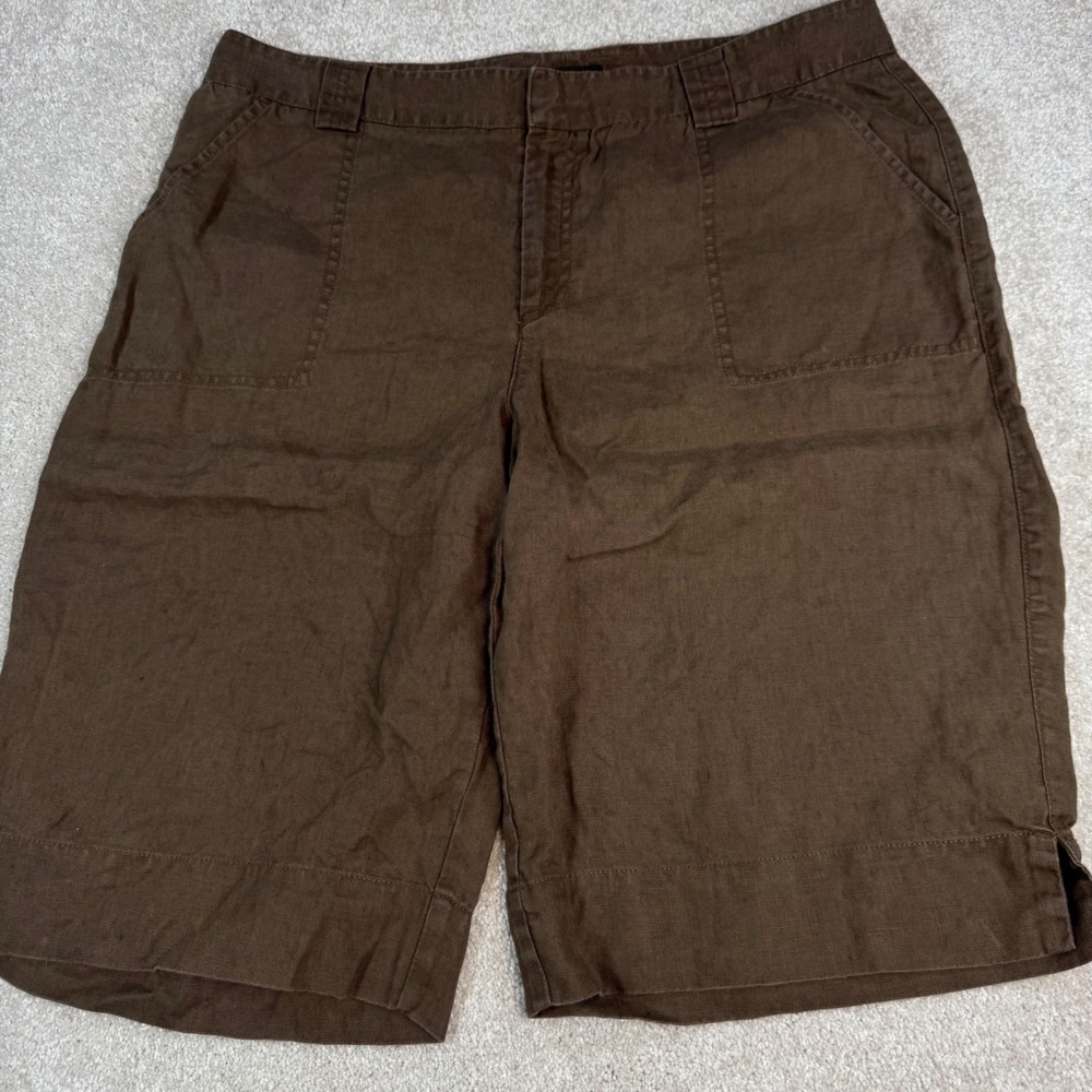 Eddie Bauer Mercer Fit Brown 100% Linen Shorts Womens 16 Mid Rise Safari Utility
